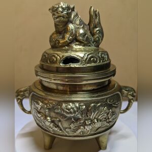 Brass Foo Dog Three-legged Incense Burner W/ Buddhas, Elephants, & Lotus Flowers
